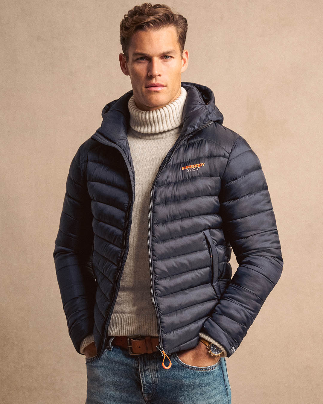 mens Hooded Microfibre Sports Puffer Jacket in Baltic Blue Superdry IE